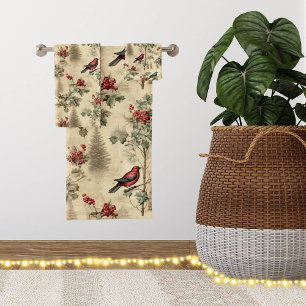 Vintage Christmas Blue Jay Red Mockingbird Bath Towel Set