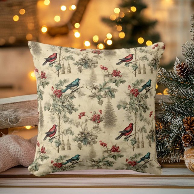Vintage Christmas Blue Jay Red Mockingbird Cushion (Creator Uploaded)