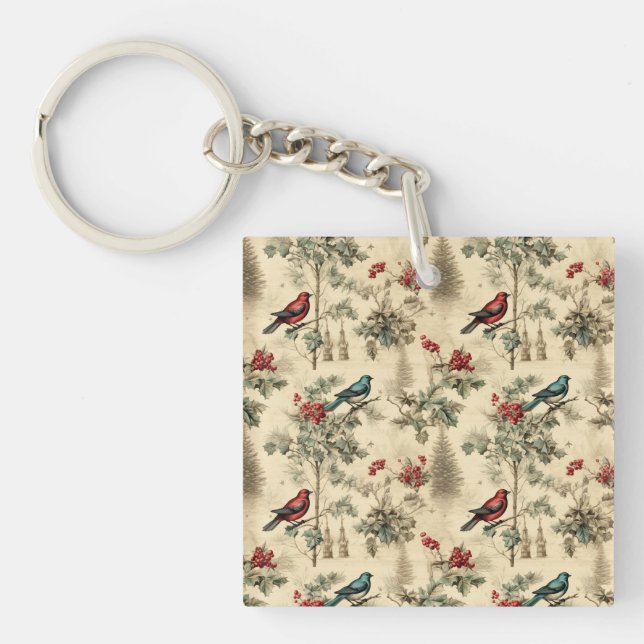Vintage Christmas Blue Jay Red Mockingbird Key Ring (Front)