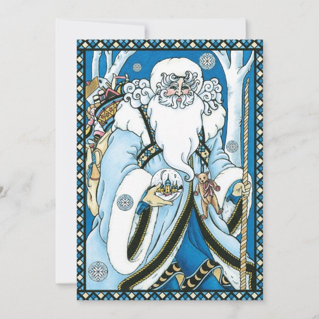 Vintage Christmas, Blue Santa Claus with Snowglobe Invitation (Front)