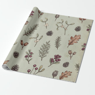 Vintage Christmas Botanical Berries & Pinecones Wrapping Paper