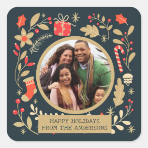 Vintage Christmas Botanical Family Photo Square Sticker