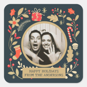 Vintage Christmas Botanical Family Photo Square Sticker