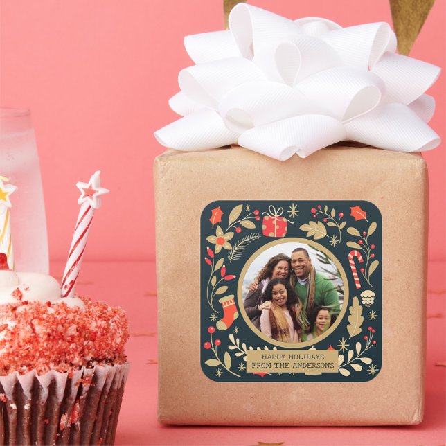 Vintage Christmas Botanical Family Photo Square Sticker (Creator Uploaded)