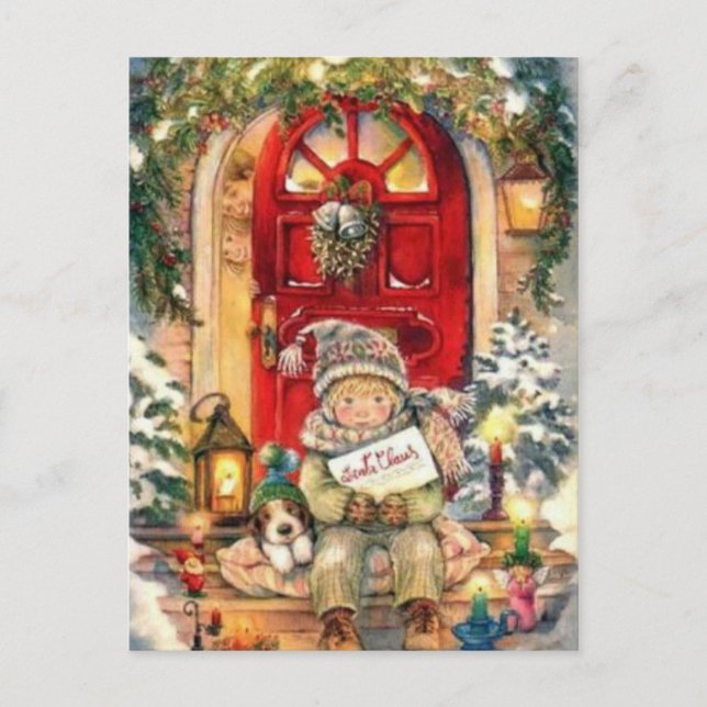 Vintage Christmas Boy and Dog Holiday Postcard (Front)