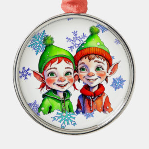 Vintage Christmas Boy and Girl Elves Metal Tree Decoration