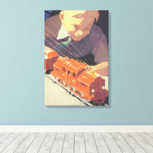 Vintage Christmas, Boy Playing with Toys Trains Canvas Print