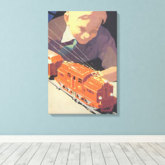 Vintage Christmas, Boy Playing with Toys Trains Canvas Print