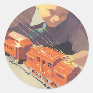 Vintage Christmas, Boy Playing with Toys Trains Classic Round Sticker