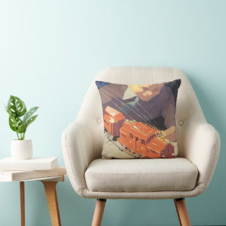 Vintage Christmas, Boy Playing with Toys Trains Cushion