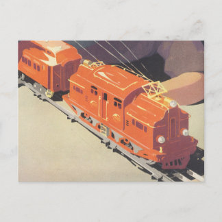 Vintage Christmas, Boy Playing with Toys Trains Holiday Postcard