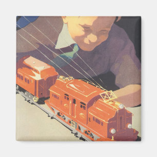 Vintage Christmas, Boy Playing with Toys Trains Magnet
