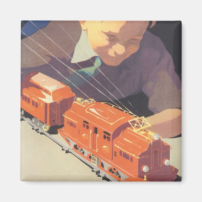 Vintage Christmas, Boy Playing with Toys Trains Magnet (Front)