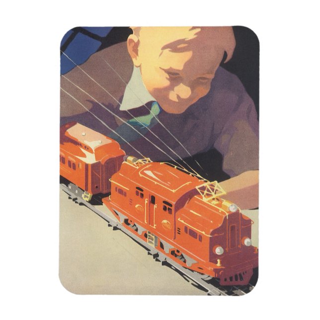 Vintage Christmas, Boy Playing with Toys Trains Magnet (Vertical)
