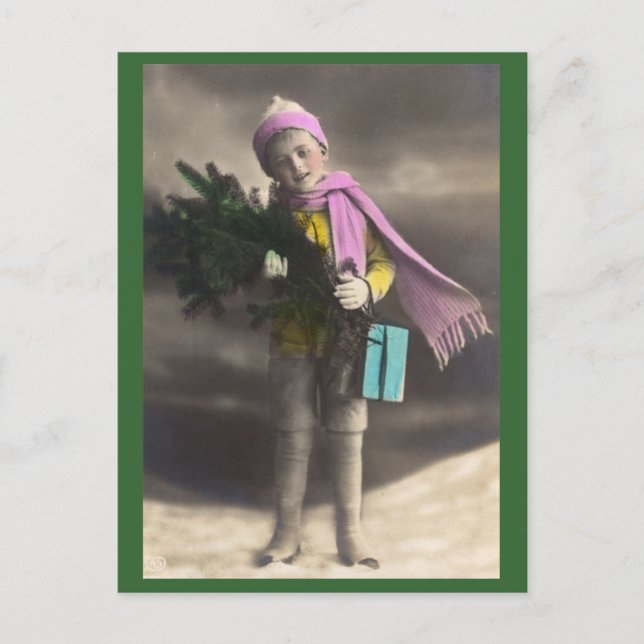 Vintage Christmas Boy, Tree & Gifts Holiday Postcard (Front)