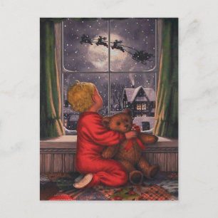 Vintage Christmas Boy Watching For Santa Holiday Postcard