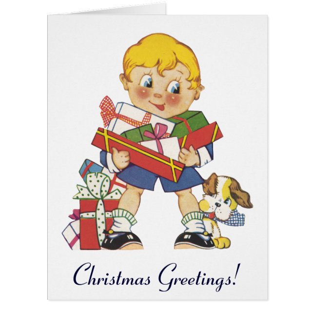 Vintage Christmas, Boy with Presents and Puppy Dog (Front)