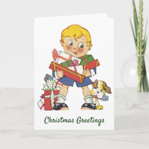 Vintage Christmas, Boy with Presents and Puppy Dog Holiday Card
