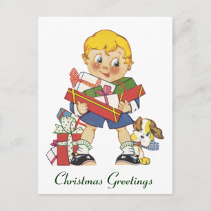 Vintage Christmas, Boy with Presents and Puppy Dog Holiday Postcard