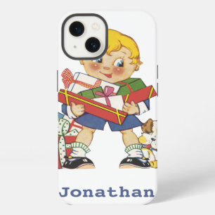 Vintage Christmas, Boy with Presents and Puppy Dog iPhone 13 Case