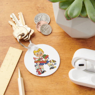 Vintage Christmas, Boy with Presents and Puppy Dog Key Ring