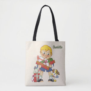 Vintage Christmas, Boy with Presents and Puppy Dog Tote Bag
