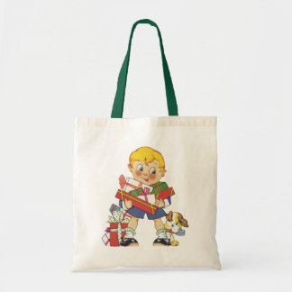 Vintage Christmas, Boy with Presents and Puppy Dog Tote Bag