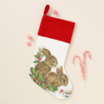 Vintage Christmas Bunnies Christmas Stocking<br><div class="desc">Vintage illustration bunnies in the snow with holly,  pine tree and pine cones,  and a bird.</div>