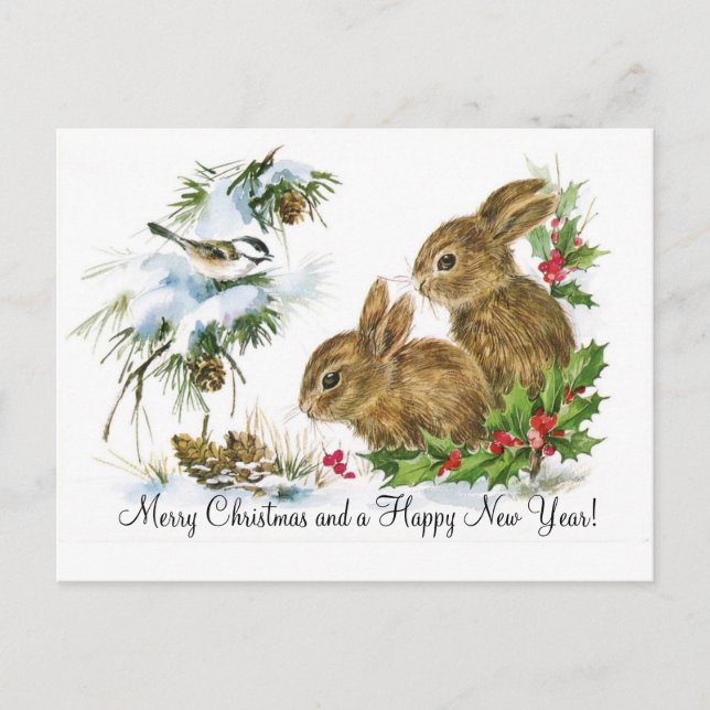 Vintage Christmas Bunnies Holiday Postcard (Front)