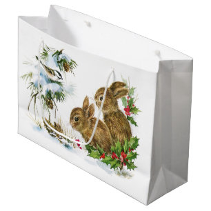 Vintage Christmas Bunnies in the Snow Large Gift Bag