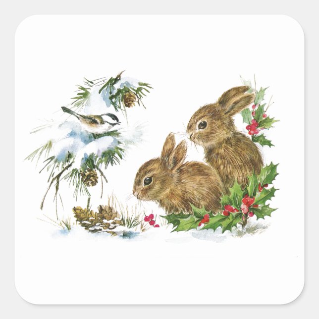 Vintage Christmas Bunnies in the Snow Square Sticker (Front)