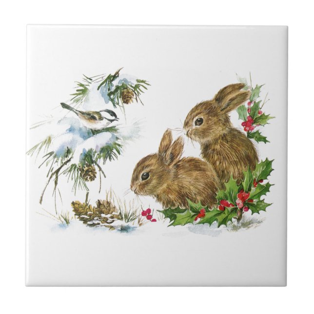 Vintage Christmas Bunnies in the Snow Tile (Front)
