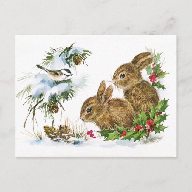 Vintage Christmas Bunnies Postcard (Front)