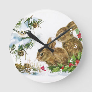 Vintage Christmas Bunnies Round Clock