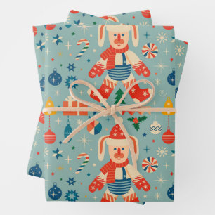 Vintage Christmas Bunny, Ornaments and Candy Cane Wrapping Paper Sheet