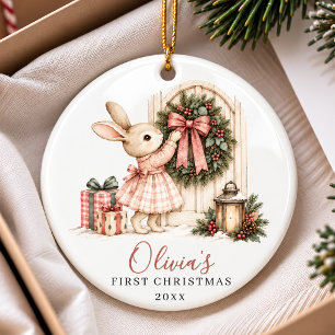Vintage Christmas Bunny Wreath First Christmas Ceramic Tree Decoration