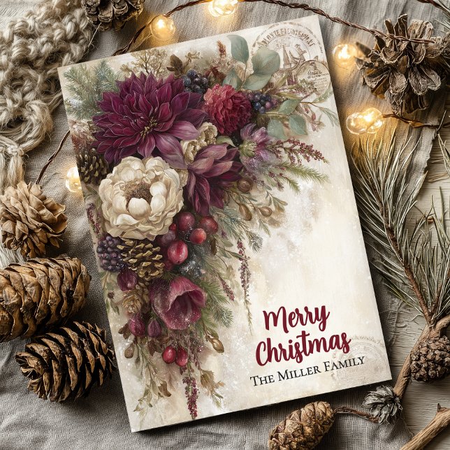 Vintage Christmas Burgundy Floral Personalized  Holiday Card (Creator Uploaded)