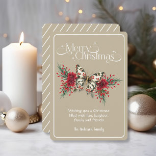 Vintage Christmas Butterfly Poinsettia Holiday Card