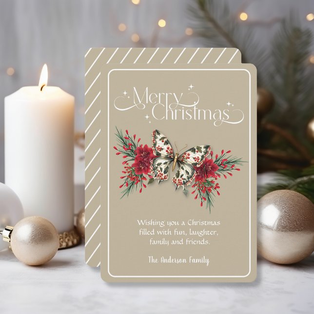 Vintage Christmas Butterfly Poinsettia Holiday Card (Creator Uploaded)
