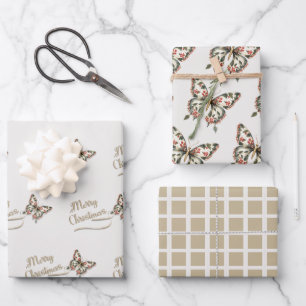 Vintage Christmas Butterfly Red and Gold Wrapping Paper Sheet