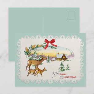 Vintage Christmas Cabin & Deer Holiday Postcard