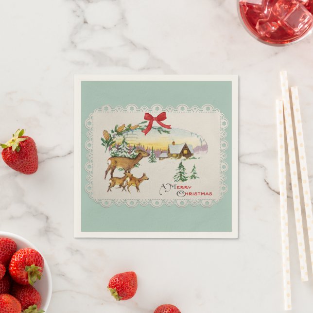 Vintage Christmas Cabin & Deer Napkin (Insitu)