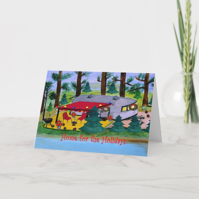 Vintage Christmas camper by the lake Holiday cards (Front)