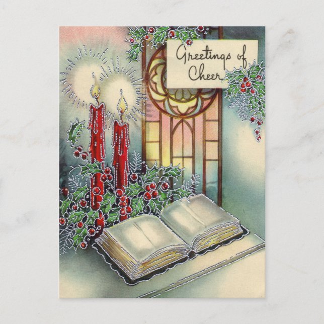 Vintage Christmas candle and Bible postcard (Front)