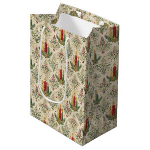 Vintage Christmas Candle Damask Pattern Holiday Medium Gift Bag
