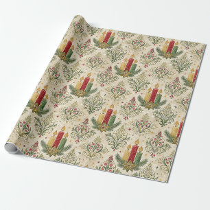 Vintage Christmas Candle Damask Pattern Seamless Wrapping Paper