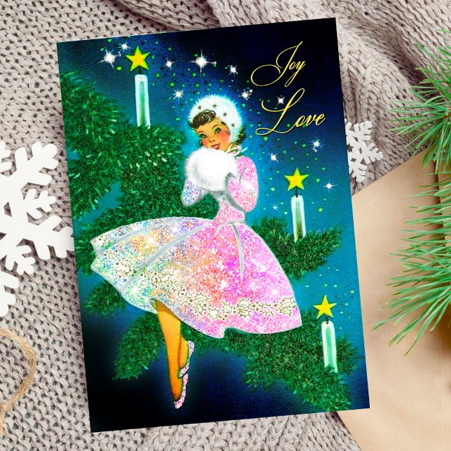 Vintage Christmas candle girl iridescent glitter Invitation (Creator Uploaded)