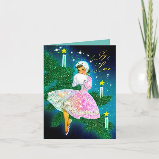 Vintage Christmas candle girl iridescent glitter Invitation (Front)