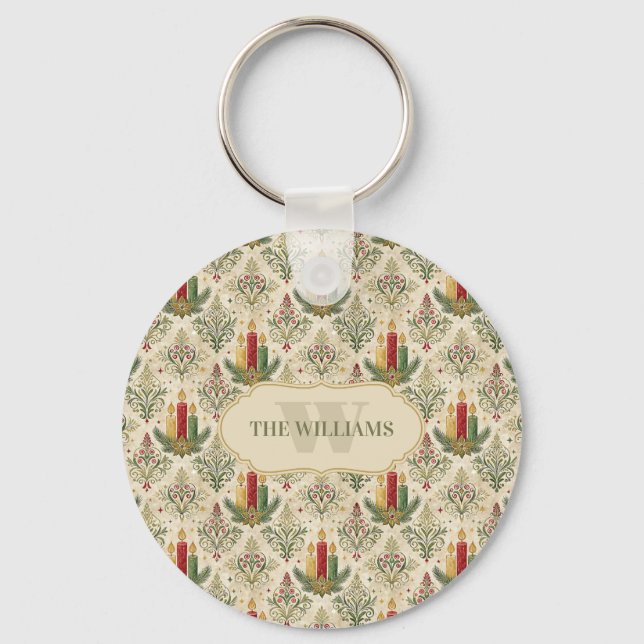 Vintage Christmas Candles & Ornaments Monogram Key Ring (Front)