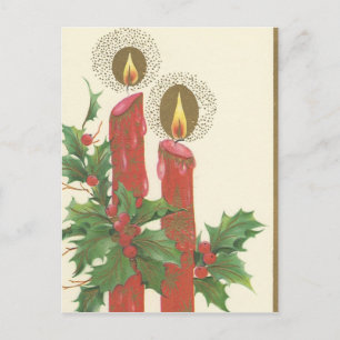 Vintage Christmas Candles With Holly Holiday Postcard